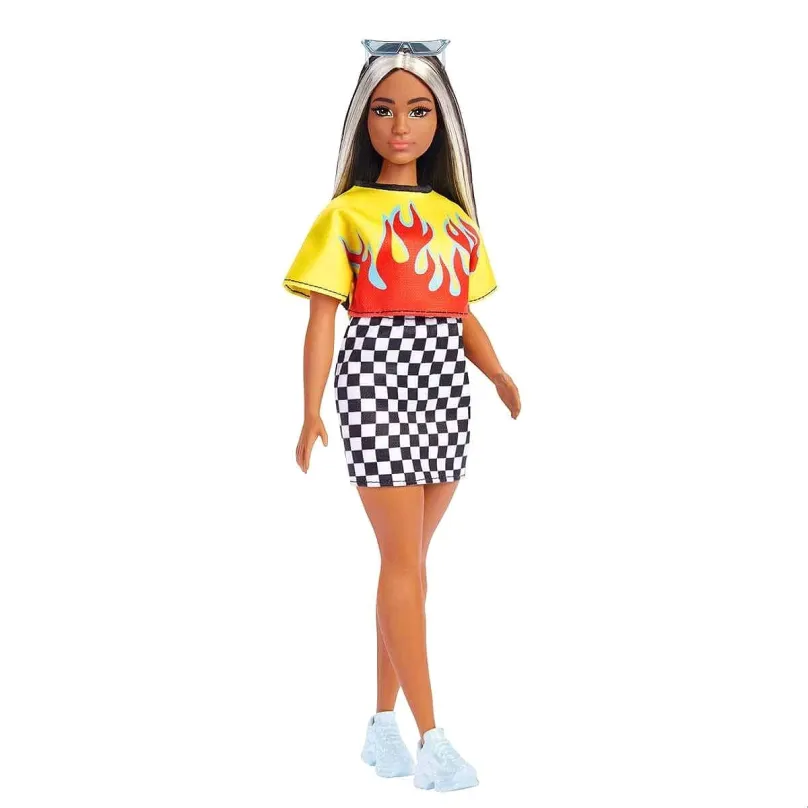 Bábika Barbie Modelka - Ohnivé Tričko A Kockovaná Sukňa