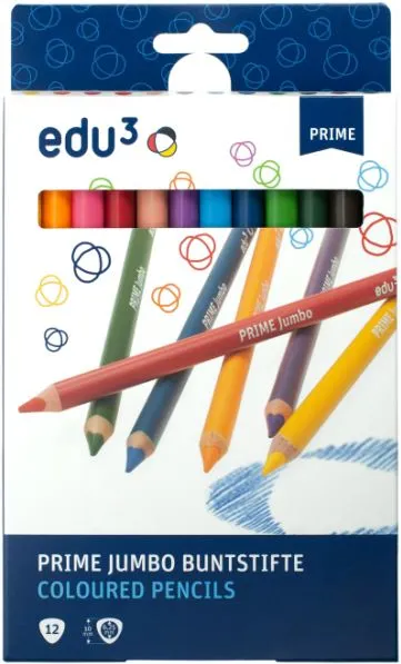 EDU3 Prime Jumbo trojhranné pastelky K12, tuha 6,25 mm, 12 farieb v papierovej krabičke