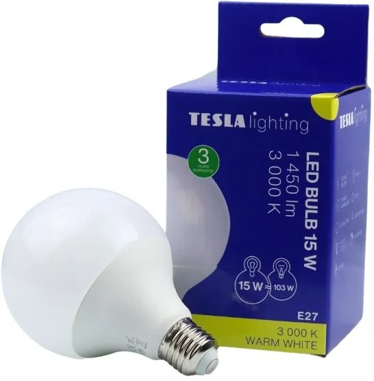 LED žiarovka TESLA LED GLOBE E27, 15W, 1450lm, 3000K teplá biela