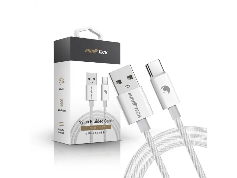 RhinoTech kábel s nylonovým opletom USB-A na USB-C 27W 1M biela (5ks set)