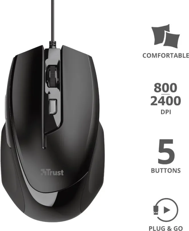 Myš Trust VOCA Comfortable Mouse, drôtová, optická, pre pravákov, pripojenie cez USB, citl
