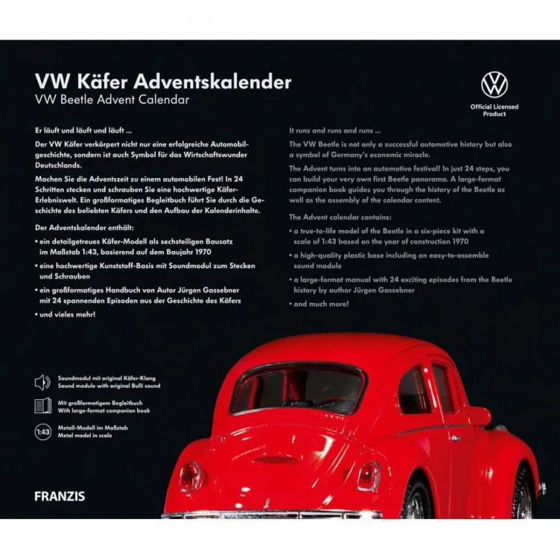 Adventný kalendár Franzis Verlag adventný kalendár VW Chrobák so zvukom červený 1:43