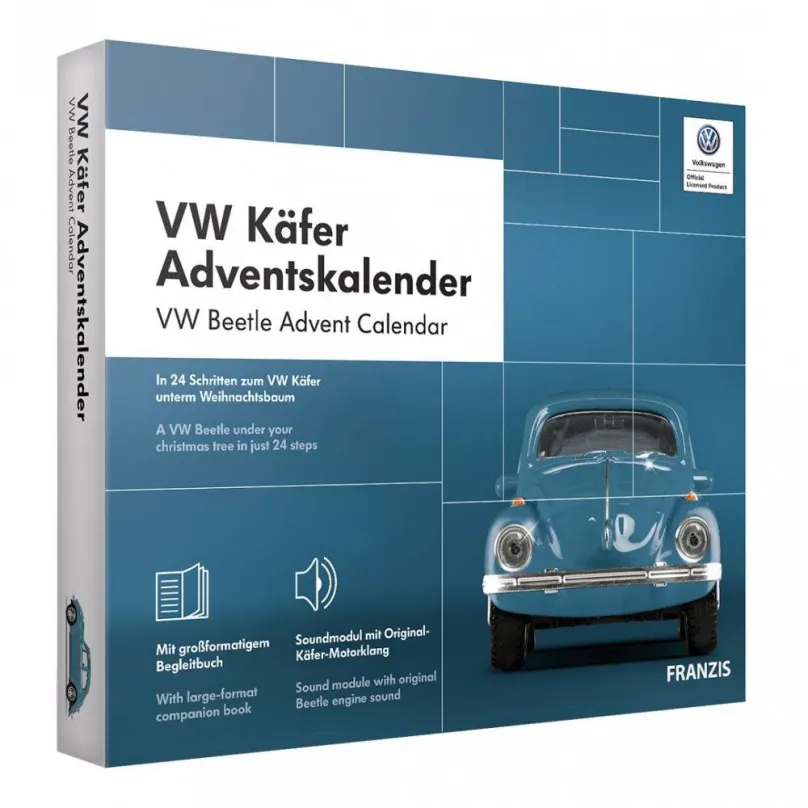 Adventný kalendár Franzis Verlag adventný kalendár VW Chrobák so zvukom modrý 1:43