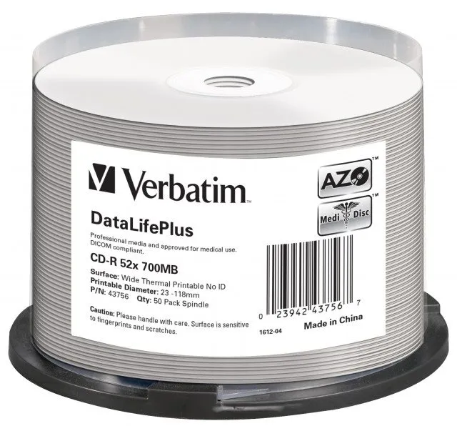 Médiá VERBATIM CD-R DataLifePlus 700MB, 52x, white thermal printable, spindle 50 ks