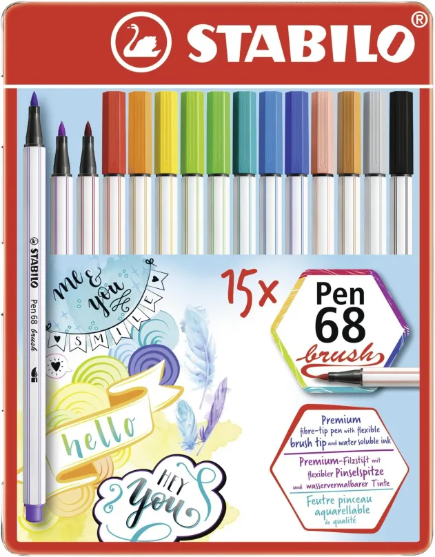 Fixy STABILO Pen 68 brush kovové púzdro 15 farieb