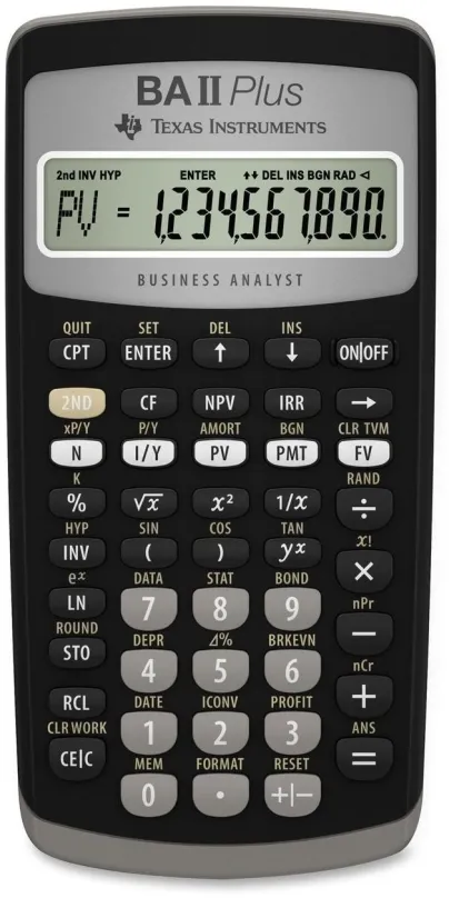 Kalkulačka TEXAS Instrument TI BA II PLUS, vedecká k maturite, batériové napájanie, 10mies