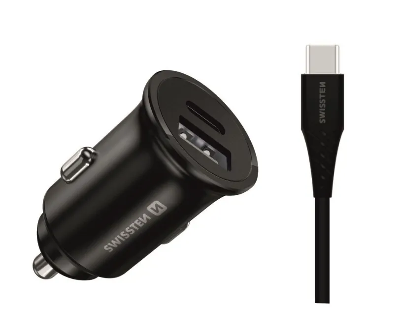 Nabíjačka do auta Swissten CL adapér pre Samsung Super Fast Charging 25W + kábel USB-C/USB-C 1.2m black