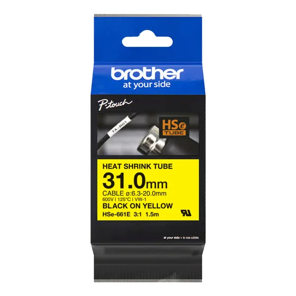 Brother originálna páska do tlačiarne štítkov, Brother, HSE-661E, čierna tlač/žltý podklad, 1.5m, 31mm