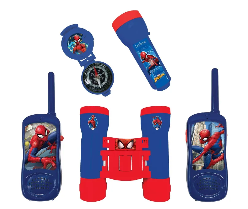 Detská vysielačka Lexibook Dobrodružná sada Spider-Man s vysielačkami, ďalekohľadom a kompasom