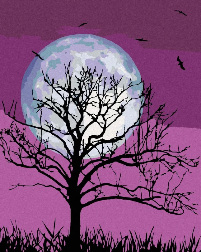 Maľovanie podľa čísel Mesiac na fialovom nebi, 40x50 cm, bez rámu a bez vypnutia plátna