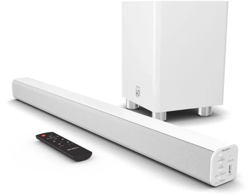 SoundBar MAJORITY AUDIO K2 white, s výkonom 150 W, aktívny subwoofer, HDMI (1x vstup, 1x v
