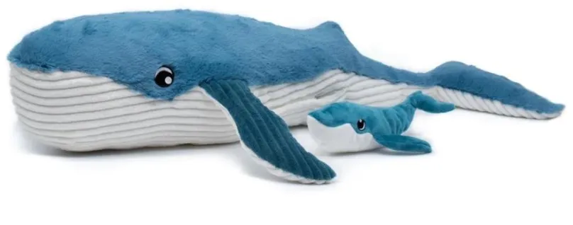Plyšák Les Déglingos Plyšová veľryba, mama s bábätkom, modrá