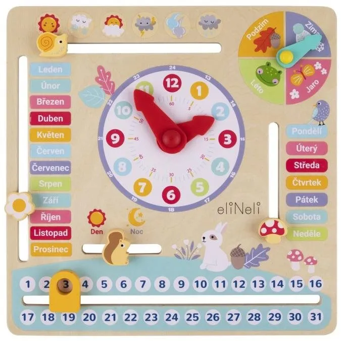 Didaktická hračka Drevený kalendár s hodinami v slovenčine