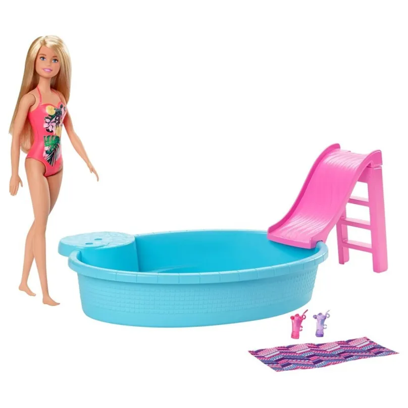 Mattel Barbie bábika blondínka a bazén so šmykľavkou, GHL91