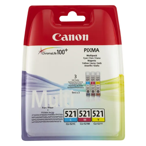 Canon originálny ink CLI521, cyan/magenta/yellow, blister s ochranou, 3x9ml, 2934B011, Canon iP3600, iP4600, MP620, MP630, MP980