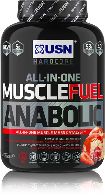 Gainer USN Muscle Fuel Anabolic, 2000g, jahoda, energetická hodnota 91,74 kcal/100 g