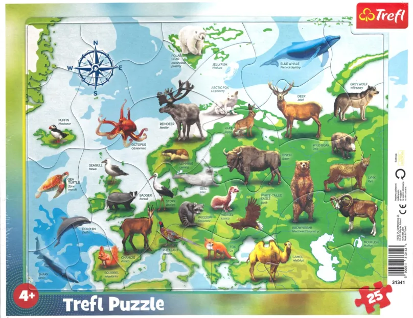 TREFL Puzzle Mapa Európy so zvieratkami 25 dielikov