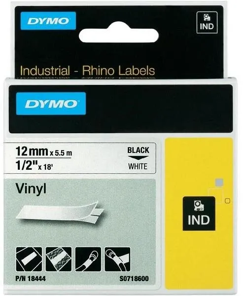 Dymo originálna páska do tlačiarne štítkov, Dymo, 18444, S0718600, čierna tlač/biely podklad, 5.5m, 12mm, RHINO vinylová profi D1
