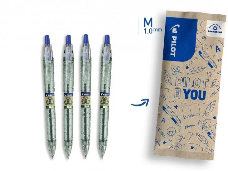 Guľôčkové pero PILOT B2P EcoBall M 0.27 mm, BeGreen, modré - balenie 4 ks