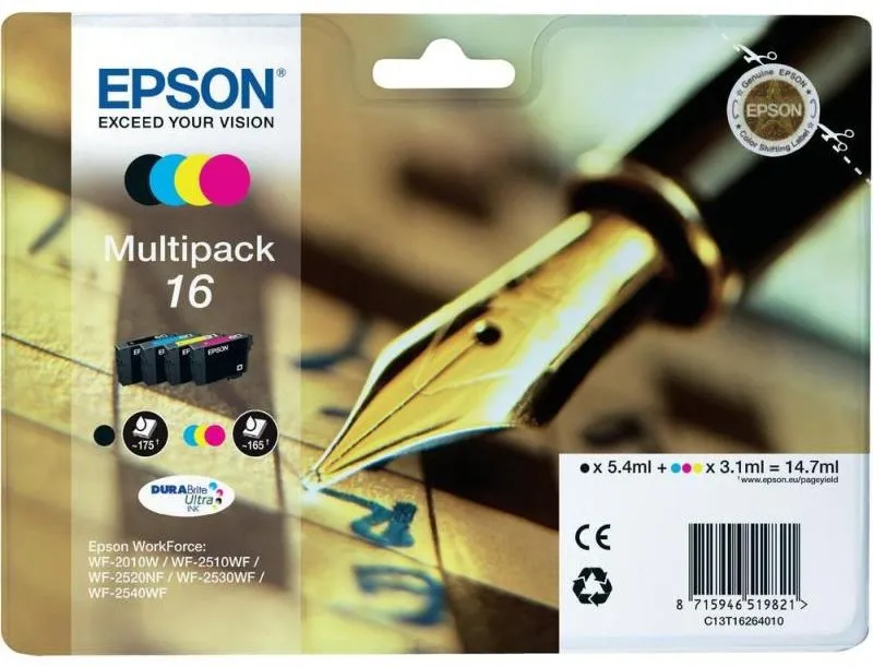 Cartridge Epson T1626 Multipack, čierna, azúrová, purpurová a žltá farba, výťažnosť 175 li