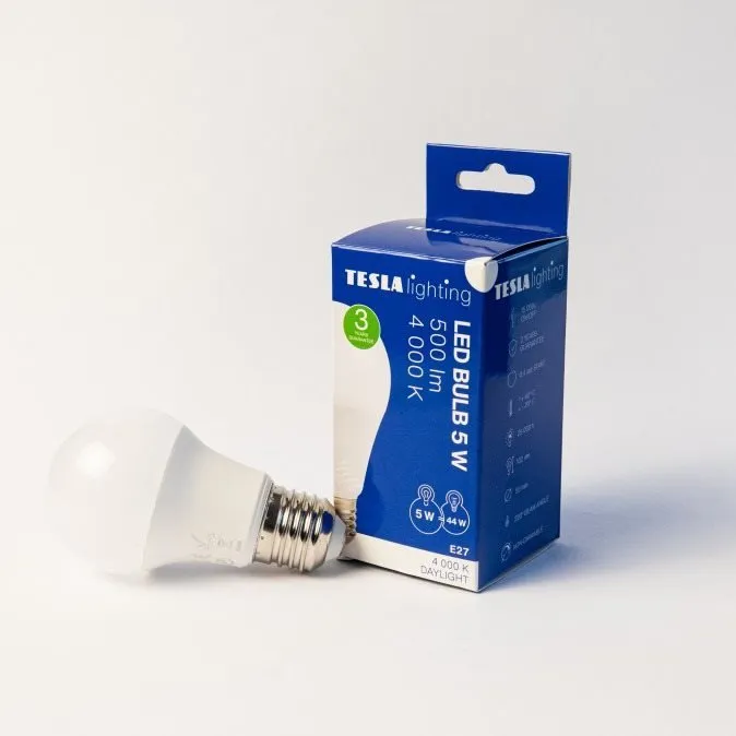 LED žiarovka Tesla - LED žiarovka BULB, E27, 5W, 230V, 500lm, 25 000h, 4000K denná biela, 220st