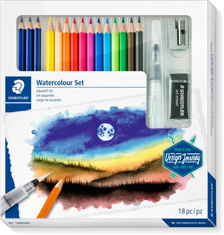 Pastelky STAEDTLER Design Journey akvarelové so štetcom, gumou a strúhadlom - sada 12 ks