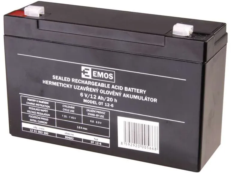 Batéria pre záložné zdroje EMOS Bezúdržbový olovený akumulátor 6 V/12 Ah, fastón 4,7 mm