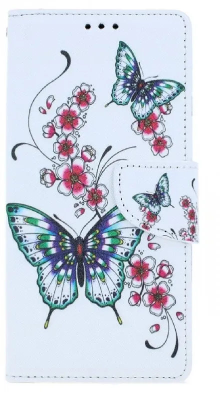 Puzdro na mobil TopQ iPhone SE 2020 knižkové Motýliky s kvetinou 54694