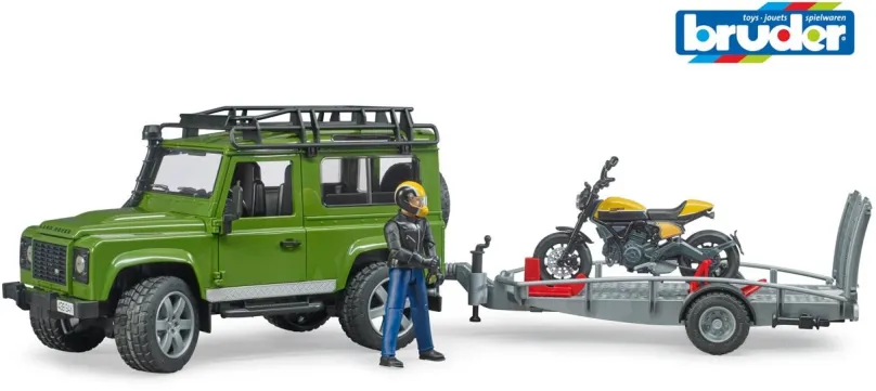 Auto Bruder Voľný čas - Land Rover Defender s vlekom a motorkou a vodičom