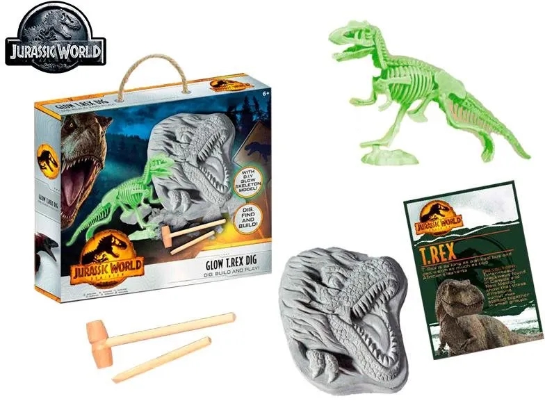 Kreatívna sada JURSKÝ SVET sada vytesaj si kostru dinosaura T-Rex svietiacu v tme s doplnkami v krabičke