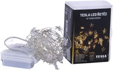 Svetelná reťaz Tesla - dekoratívna nano reťaz Hviezda 1,5cm, 50LED, 2700K, 5m +30cm, 3x AA batérie, časovač, IP44