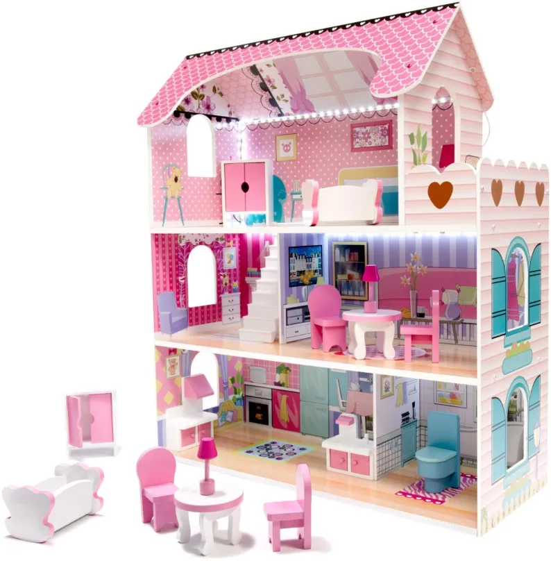 Domček pre bábiky Drevený domček pre bábiky + nábytok 70 cm ružový LED