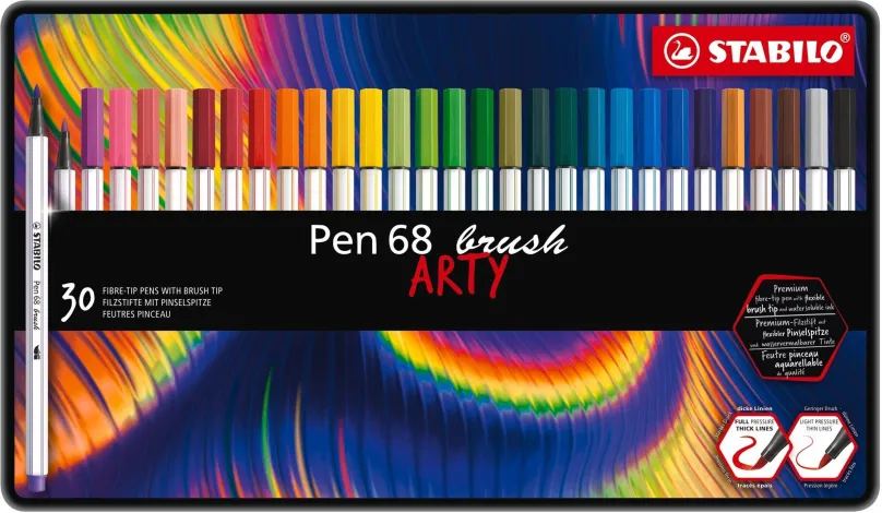 Fixy STABILO Pen 68 brush s flexibilným štetcovým hrotom, kovové púzdro 30 farieb
