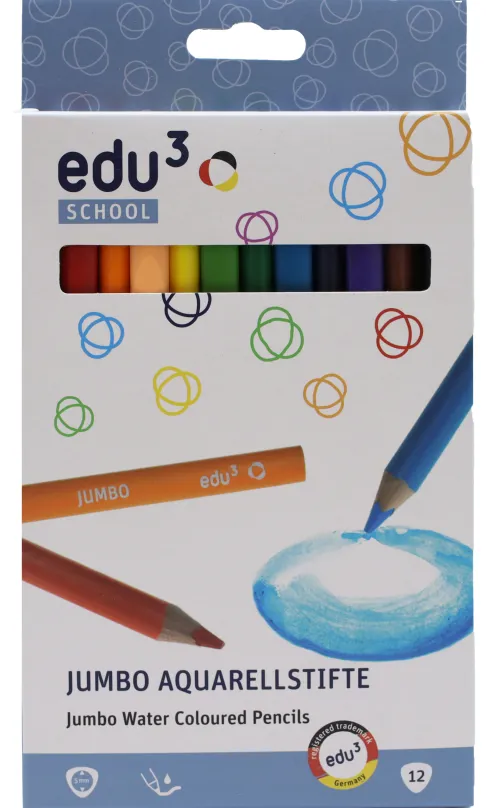 EDU3 Jumbo Aqua trojhranné pastelky, tuha 5 mm, 12 farieb v papierovej krabičke