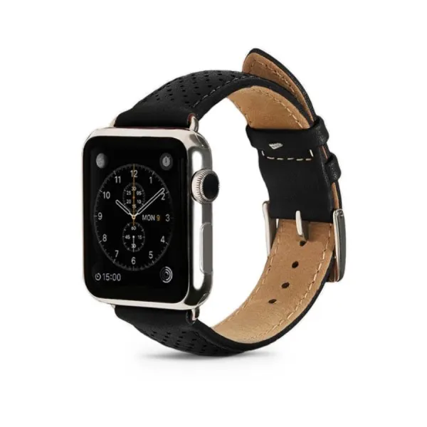 Monowear Black Perforated Leather Band pre Apple Watch - Silver Polished 42 mm