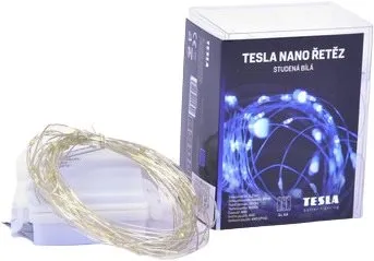 Svetelná reťaz Tesla - nano reťaz 50LED, 6500K, 5m + 30cm kábel, 3x AA batérie, časovač, IP44