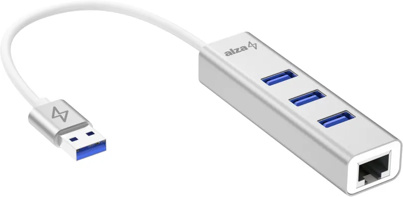 USB Hub AlzaPower AluCore USB-A (M) na 3× USB-A (F) s LAN strieborná