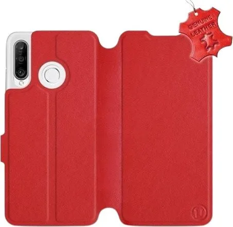 Kryt na mobil Flip puzdro na mobil Huawei P30 Lite - Červené - kožené - Red Leather