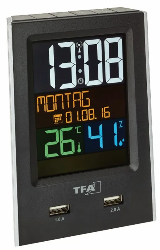 Budík s ukazovateľom vnútornej teploty a vlhkosti a USB výstupom pre dobíjanie mobilných zariadení TFA 60.2537.01