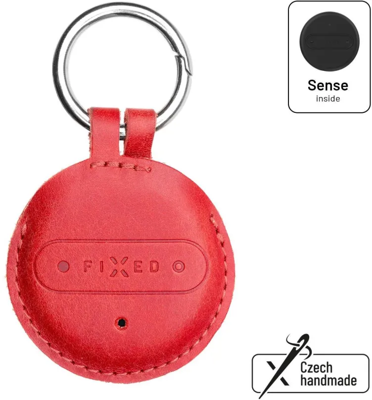 Bluetooth lokalizačný čip FIXED Sense s červeným koženým puzdrom a karabínou