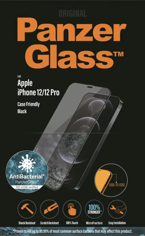 Ochranné sklo PanzerGlass Edge-to-Edge Antibacterial pre Apple iPhone 12 / iPhone 12 Pre čierne