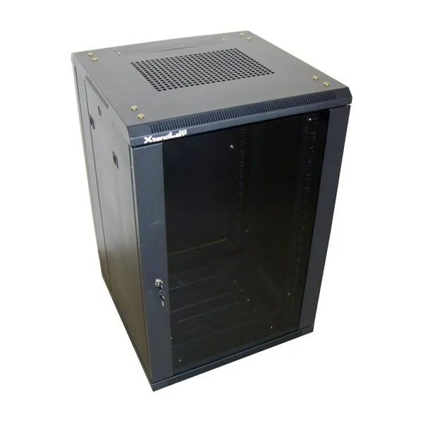 XtendLan 18U/600x600 stojanový, čierny, sklenené dvere, plný chrbát