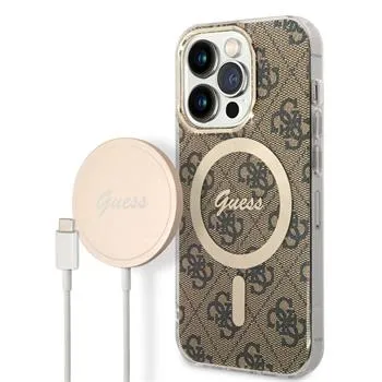 Guess 4G MagSafe Kompatibilný Zadný Kryt + Bezdrôtová Nabíjačka pre iPhone 14 Pro Brown
