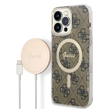 Guess 4G MagSafe Kompatibilný Zadný Kryt + Bezdrôtová Nabíjačka pre iPhone 14 Pre Max Brown
