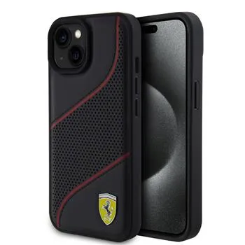 Ferrari PU Leather Perforated Slanted Line Zadný Kryt pre iPhone 15 Black