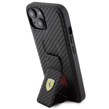 Ferrari Carbon Grip Stand Zadný Kryt pre iPhone 15 Black