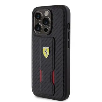 Ferrari Carbon Grip Stand Zadný Kryt pre iPhone 15 Pre Black