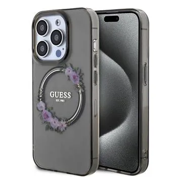 Guess PC/TPU Flowers Ring Glossy Logo MagSafe Zadný Kryt pre iPhone 13 Pro Black