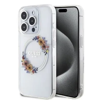Guess PC/TPU Flowers Ring Glossy Logo MagSafe Zadný Kryt pre iPhone 13 Pre Transparent