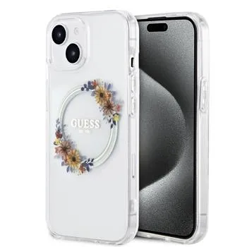 Guess PC/TPU Flowers Ring Glossy Logo MagSafe Zadný Kryt pre iPhone 14 Transparent